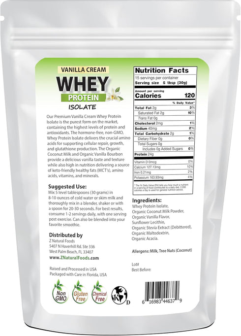 Z Natural Foods Vanilla Cream Whey Protein Isolate, Nutrition-Rich, Flavorful Protein Powder for Heart Health and Immunity, Great in Tea, Coffee, Smoothie, Non-GMO, Gluten-Free, Kosher, 1 lb.