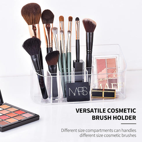 YOHOM Small Clear Makeup Organizer Tray, 9-Compartments Vanity Cosmetic Brush Holder Storage Box with 2 Dividers