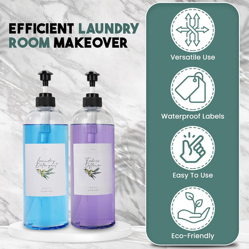 Set 8 2 Pack 32oz Lou & Rae Laundry Detergent Dispenser w/ Waterproof Labels - PET Plastic Fabric Softener Dispenser