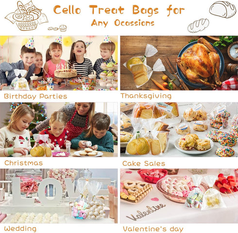 QOIUSO 100pcs Cellophane Treat Bags: 4 x 6 Inch Small Clear Goodie Candy Bags with 4 Colors Twist Ties for Gift Wrapping