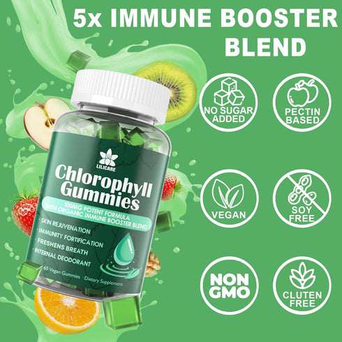 Sugar Free Chlorophyll Gummies with ACV, Sea Moss & Elderberry, Immune & Digestion Support, 2 Pack