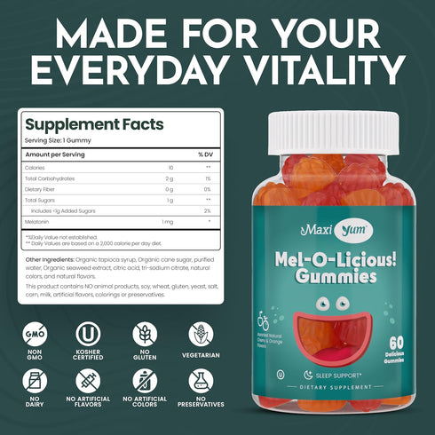 Maxi Health 1mg Melatonin Gummies – Kids Chewables with Natural Cherry & Orange Flavor – Sleep Help Supplement (60