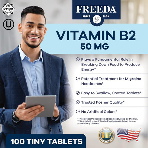 Freeda Vitamin B2 Riboflavin 50mg - Energy Metabolism, Migraine Headache Relief, Nervous System Health, Inflammation Support - Kosher, Gluten Free, Vegan Vit B 2 Supplement - B2 Vitamins 50mg (100 Ct)