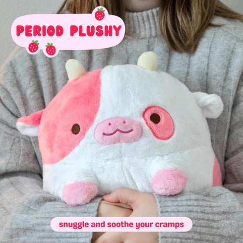 Shopzoki Heatable Strawberry Scented Cow Plush for Period Cramp Relief & Emotional Support, Microwavable Soft Toy