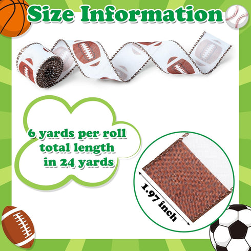 Football Wired Edge Ribbon - 4 Rolls 24 Yards Brown Green Football Burlap Ribbon for Football Game, Rugby Pastel Wired Ribbon for Bow Wreaths, Football Theme Fabric Ribbon for DIY Craft by H1vojoxo