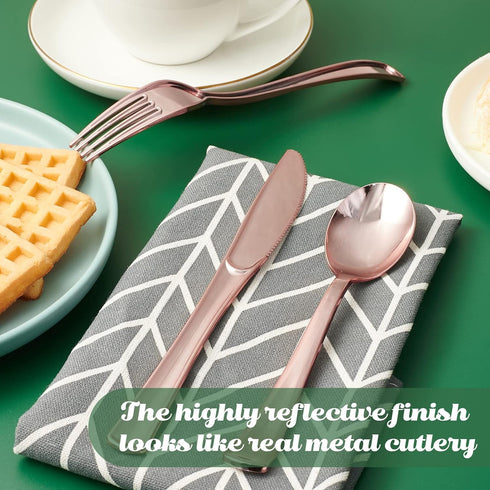 FOCUSLINE 75 Pack Rose Gold Plastic Silverware Set, 25 Forks, 25 Knives, 25 Spoons, Heavy Duty Disposable Cutlery