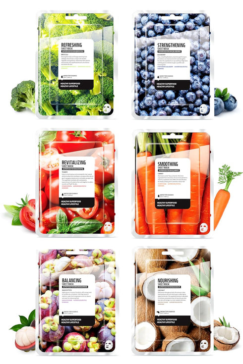 FARMSKIN Superfood Salad Sheet Mask Set of 6 - Face Mask Sheets with MangoSteen, Broccoli, and More