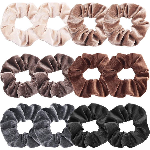 IVARYSS Scrunchies for Women, 12 Pcs Neutral Velvet Hair Bands, Classic Thick Scrunchy Ties, Hair Accessories