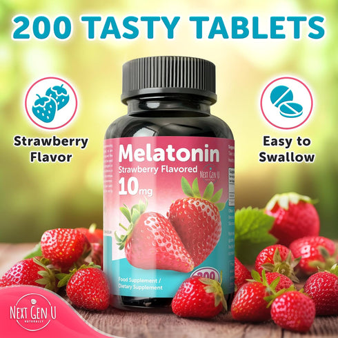 NGU Next Gen U 10 200 Melatonin Tablets - mg Dietary Supplement - Strawberry Flavored - Vegan Tablets - by NextGenU