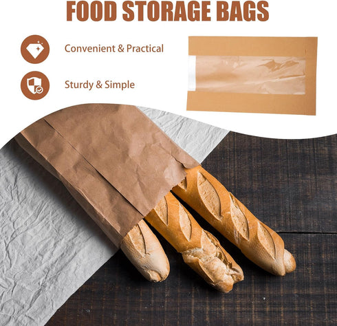 OFFIGAM 50pcs Packaging Kraft Paper Bakery Bread Bags with Window Large Size Greaseproof Food Storage Pouches