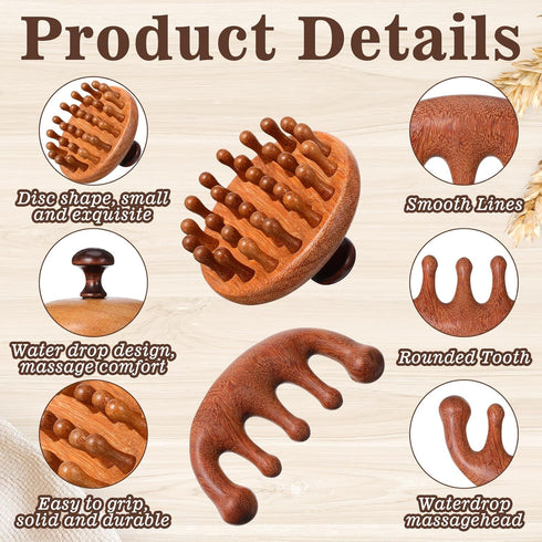 Trinkrittey 2 Pack Wooden Scalp Massager Comb Wooden Hair Brush Head Gua Sha Brush Hair Scrubber Portable Handheld
