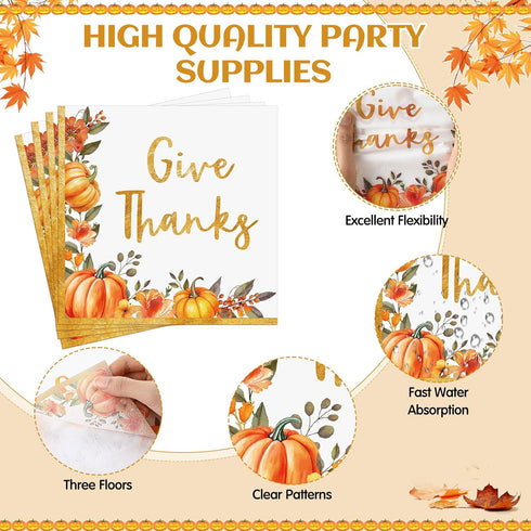 Maxdot 100 10 12 Inch Set 50 Pcs Thanksgiving Plates and Napkins x Disposable Gold Fall Pumpkin Oval Paper Plates