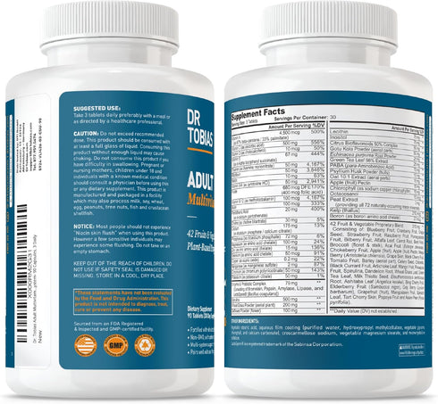 Immune 42 (90 30 Dr. Tobias Adult Multivitamin for Women & Men - Supporting Vitamins from Fruits, Vegetables, Plus