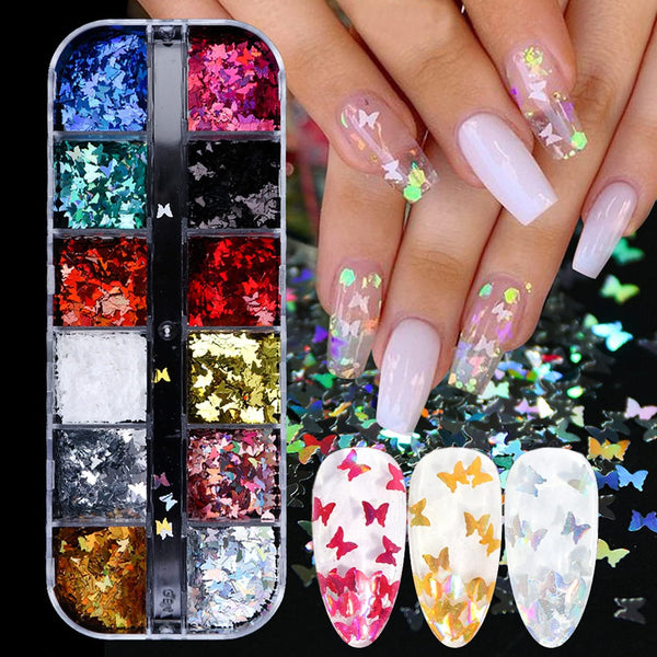12 Colors Butterfly Nail Art Stickers, Butterflies Nail Glitter Sequins, 3D Art Accessories for Acrylic Nails