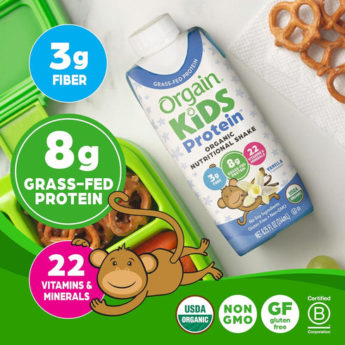 Orgain Organic Kids Nutritional Protein Shake, Vanilla - 8g Dairy Protein, 3g Fiber, 22 Vitamins, 8.25 Fl Oz (Pack of
