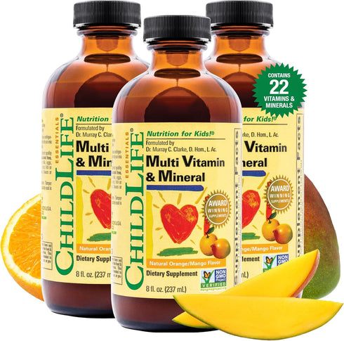 CHILDLIFE ESSENTIALS Liquid Multi Vitamin & Mineral for Kids - Natural Orange/Mango Flavor, Gluten Free, Non-GMO - 8