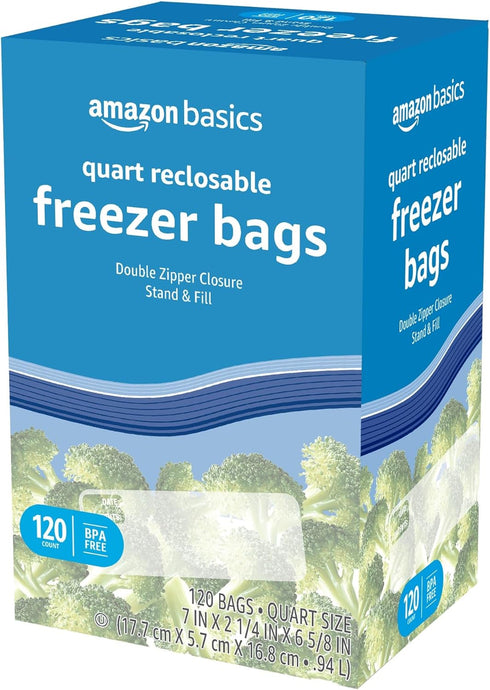 Amazon Basics Reclosable Freezer Quart Bags, Stand & Fill Base, 120 Count