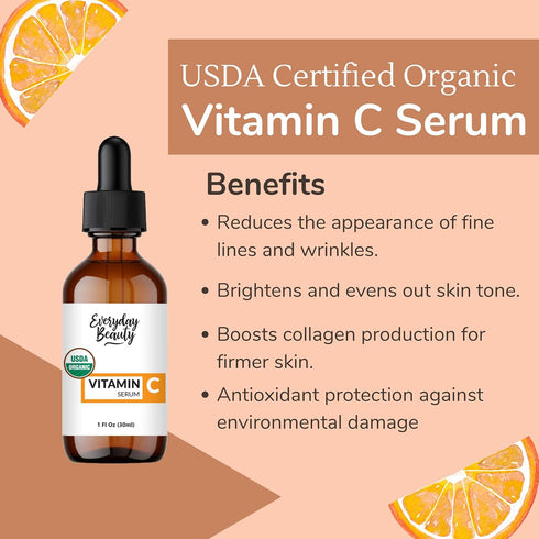 Organic Vitamin C Serum for Face - USDA Certified Anti Aging Facial Serum for Fine Lines & Wrinkles - 1 Fl Oz Glass