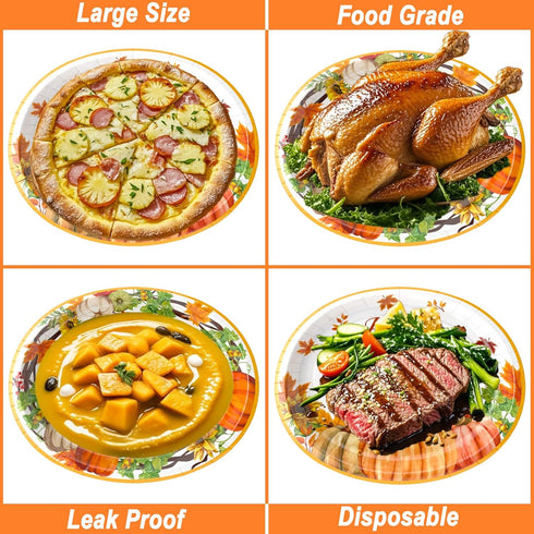 YJOY 100Pcs Set, 10" 12" Thanksgiving Oval Paper Plates and Napkins x Party Plates,Large Disposable Dinner Plates