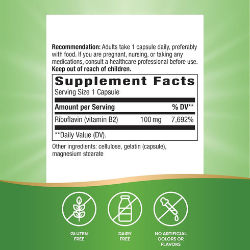 Nature's Way Riboflavin Vitamin B2, 100 mg per Serving, High Potency, Supports Cellular Energy Production, 100 Capsules