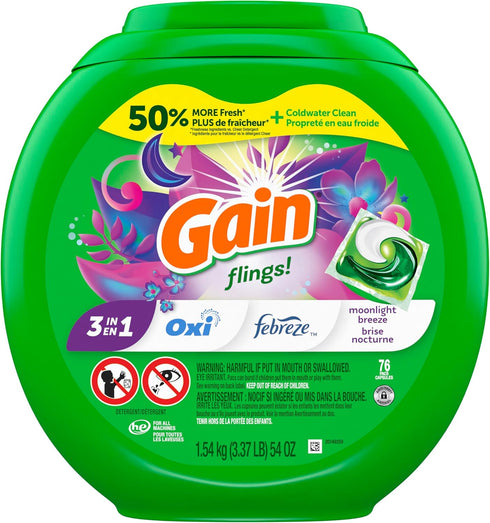 Gain flings Laundry Detergent Soap Pacs, Moonlight Breeze Scent, HE Compatible, 76 Count