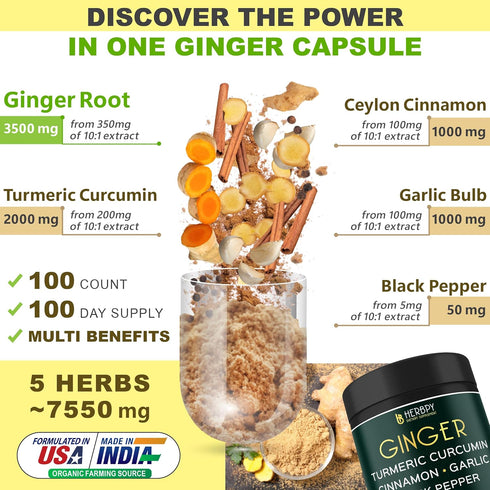 5in1 Ginger Supplement 7550mg with Ceylon Cinnamon, Turmeric Curcumin Root, Garlic Bulb & Black Pepper - Support Digestion, Immune & Heart Health - 100 Vegan Capsules
