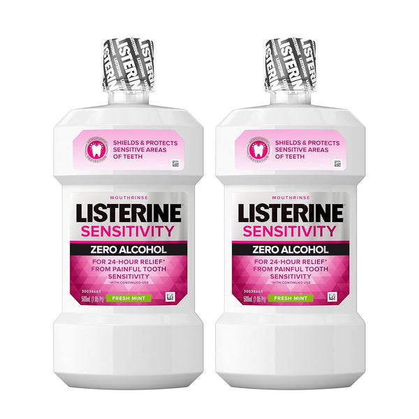 Listerine Sensitivity Mouthwash - Zero Alcohol Formula for Sensitive Teeth, Fresh Mint Flavor, 500 mL (Pack of 2)