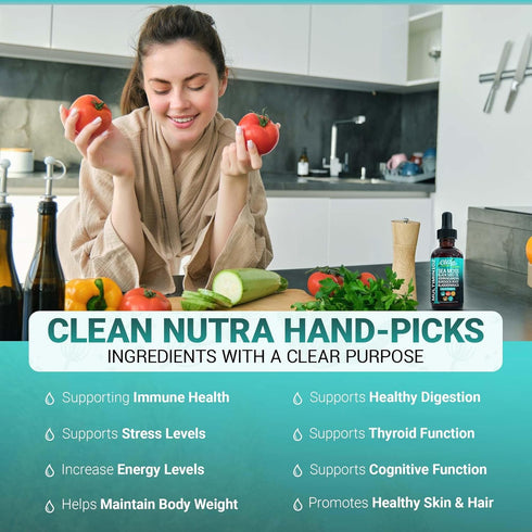 Clean Nutraceuticals Sea Moss Liquid Drops with Black Seed Oil, Ashwagandha, Burdock Root & Bladderwrack - Organic