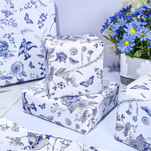 JarThenaAMCS Blue White Floral Wrapping Paper Roll, 17 Inch x 32.8 Ft Chinoiserie Flower Bird Gift Wrap Paper for Party