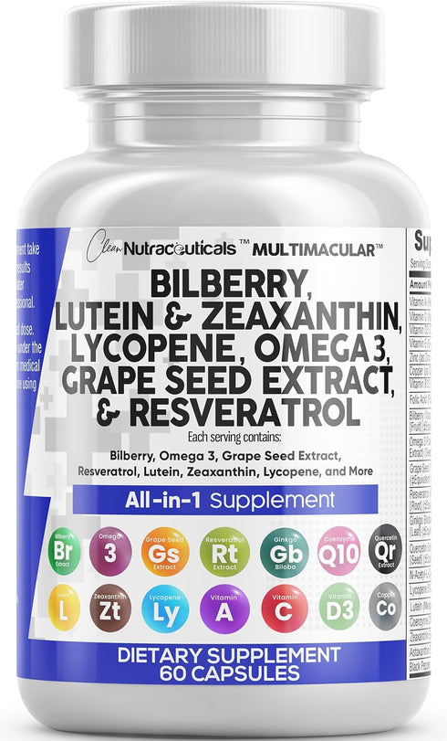 Eye Health Vitamins with Bilberry 6000mg, Lutein & Zeaxanthin 40mg, Omega 3 4000mg - 60 Capsules