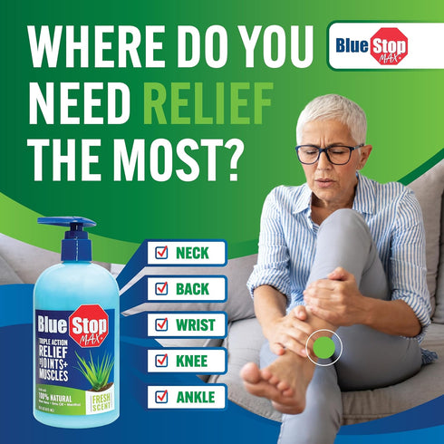 Blue Stop Max Muscle & Joint Relief Gel - Fast-Acting Cream for Sore Muscle, Back & Neck - 16 Oz Pump Bottle
