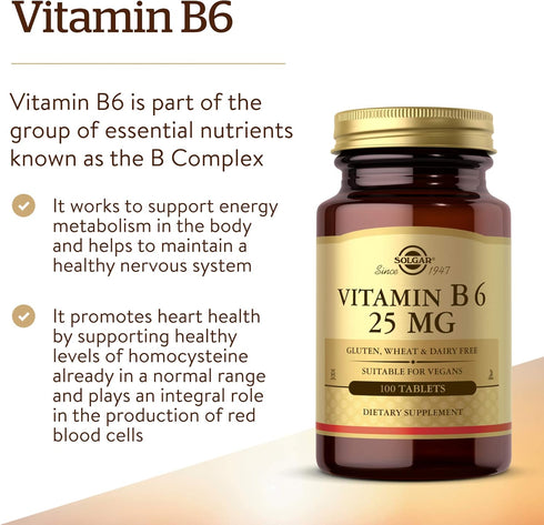 Solgar Vitamin B6 25 mg, 100 Tablets - Supports Energy Metabolism, Heart Health & Healthy Nervous System - B Complex