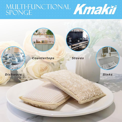 Sponges,3 Pack 6 KMAKII Bamboo Kitchen Sponges Dish Sponge Super Absorbent Natural Dish Color