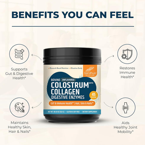 Sandhu's Bovine Colostrum and Collagen Powder - 45 Servings Supplement for Hair, Beauty, Skin & Nail Health