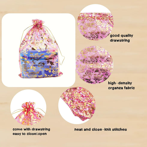 100 Pack Organza Drawstring Flower Heart Bags 7 x 9 Inch, Jewelry Gift Pouch, Wedding Favor Bags (Fuchsia Flower)