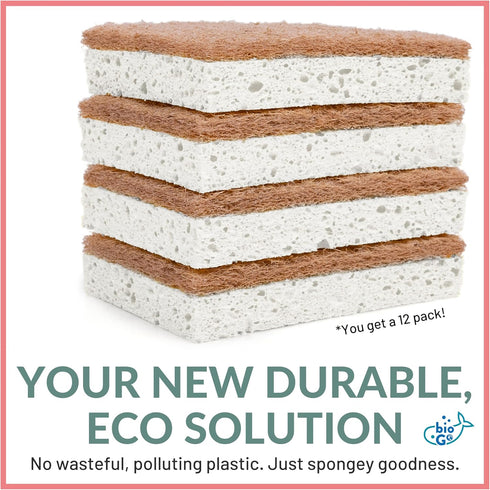 bioGo White 12 Pack Biodegradable Kitchen Sponges - Eco-Friendly Natural Cellulose Dish Sponges