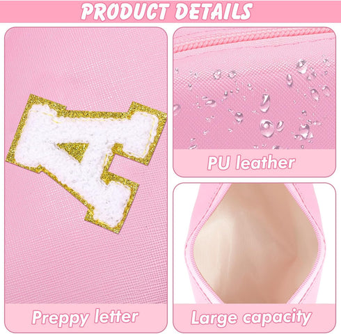 Initial Makeup Bag, Personalized Preppy Cosmetic Bag, Waterproof PU Small Pouch for Purse Birthday Gift for Teen Girls