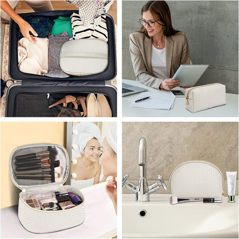 KTMOUW 3 Pcs Waterproof Makeup Bag Set, Portable Travel Organizer for Women, Weave Toiletry Bag, Beige
