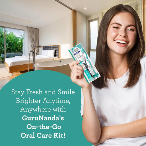 GuruNanda Travel-Friendly Oral Care Kit - 1 Butter on Gums Toothbrush, 1 Tongue Scraper, 4 Floss Picks, 1 Oil Pulling
