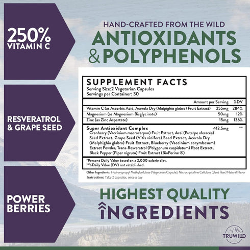 TruWild Protect+ Vegan Immune Support & Antioxidant, All Natural Vitamin C, Zinc, Magnesium, 30 Servings, Non GMO