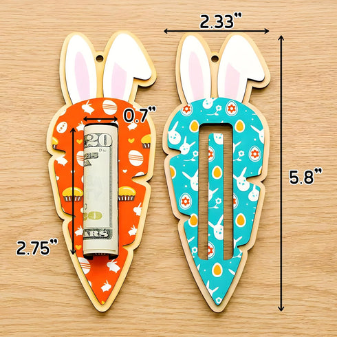 Set 2 LINHARA of Easter Money Holders for Cash, Bunny & Carrot Money Holder, Wooden Easter Bunny Money Holder for Kids