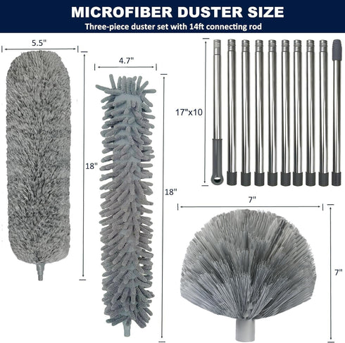 20+ Feet High Reach Duster Kit with 3-14 ft Extension Pole for Cleaning Fan, Spider web, High Ceiling, Blinds, Furniture, Cars - Cobweb Microfiber Duster // Outdoor & Indoor Extendable Duster