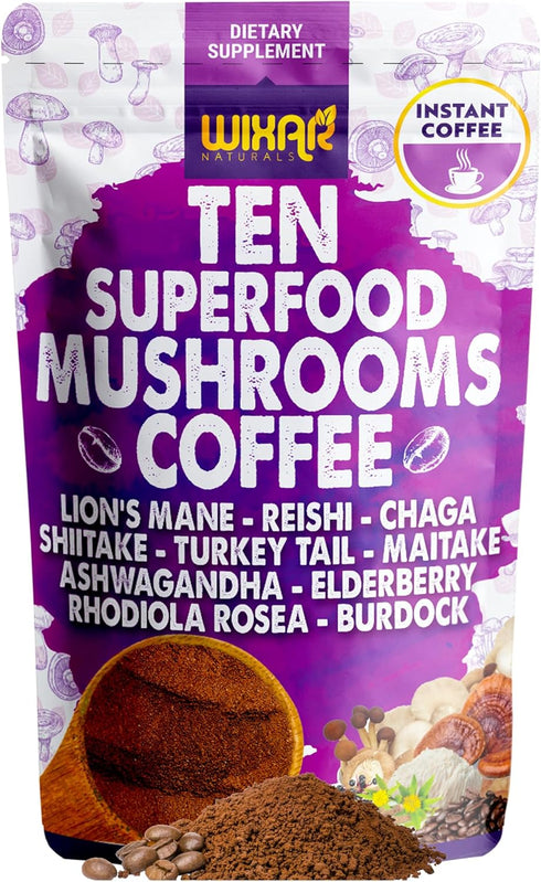 WIXAR Superfood Mushroom Coffee - Instant Coffee Powder with Ten Superfood Extracts, 5oz Mushroom Supplement