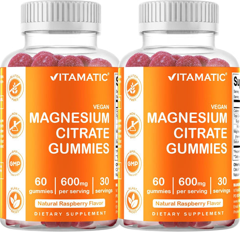 Vitamatic Magnesium Citrate Gummies 600mg per Serving, 60 Vegan Gummies for Relaxation & Energy Support