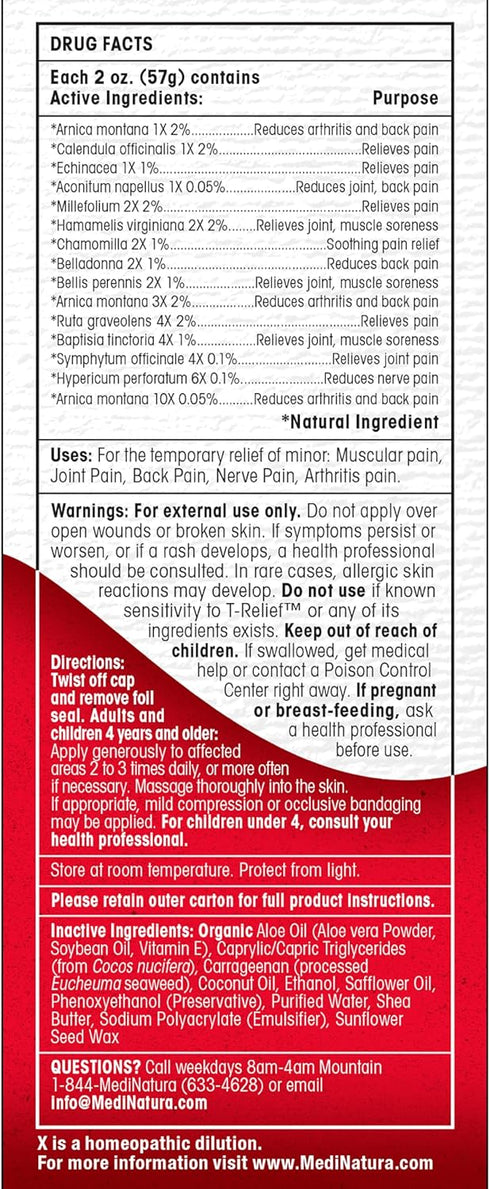 T-Relief Arnica +12 Cream, 2 oz Fast-Acting Relief for Back Pain, Joint Soreness, Muscle Aches for Women & Men