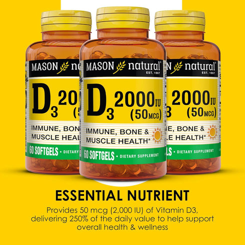 MASON NATURAL Vitamin D3 2,000 IU Ultra Strength, Supports Bone Density & Immune Health, 60 Softgels, 3 Pack
