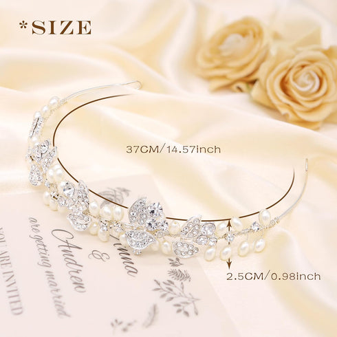 Wedding Headband with Pearls and Crystals, Rhinestone Tiara Headpiece Bridal Hair Accessories for Women (Silver)