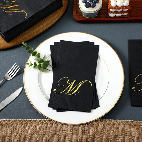MotiMind 100 3ply Monogrammed Pcs Black and Gold Napkins Monogram Black and Gold Disposable Paper Dinner Initial