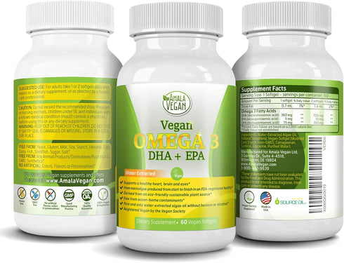 Potent Vegan Omega 3 Supplement - Plant Based Algae Oil, Better Than Fish Oil! DHA EPA DPA Fatty Acids - 2 Month Supply