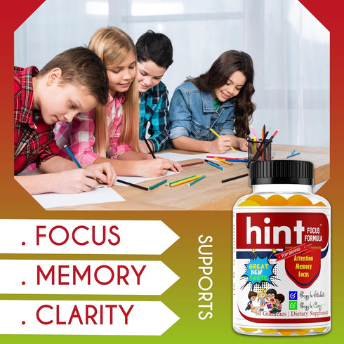 Hint Brain Memory Supplements for Kids & Teens, Omega 3 Vitamins, Low Sugar 60 Gummies for Focus & Eye Support